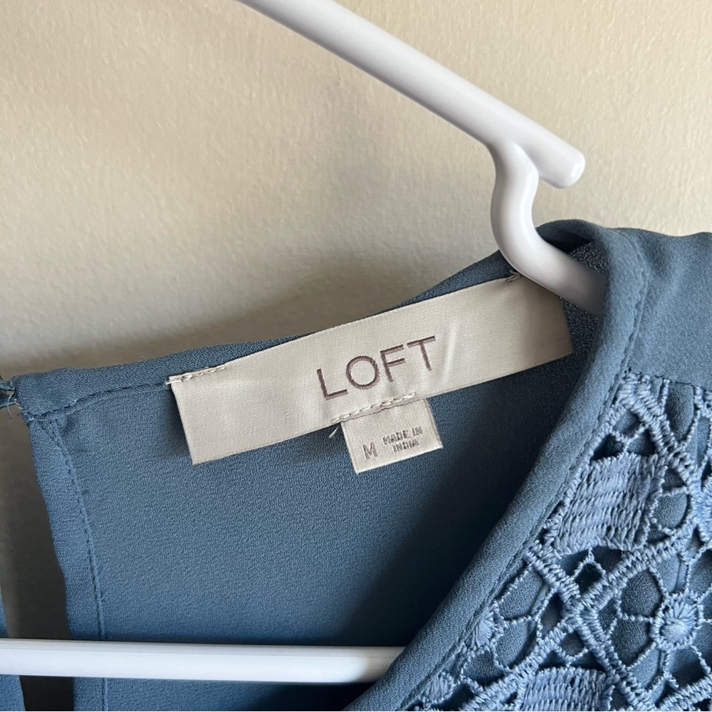 Loft Blue Gray Lace Crochet Front Bib Long Sleeve Blouse - Picture 2 of 6